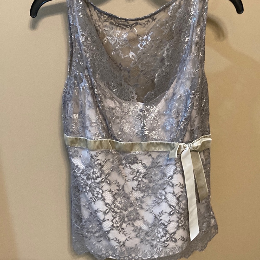 Ann Taylor Gray Lace Top with Cream Ribbon